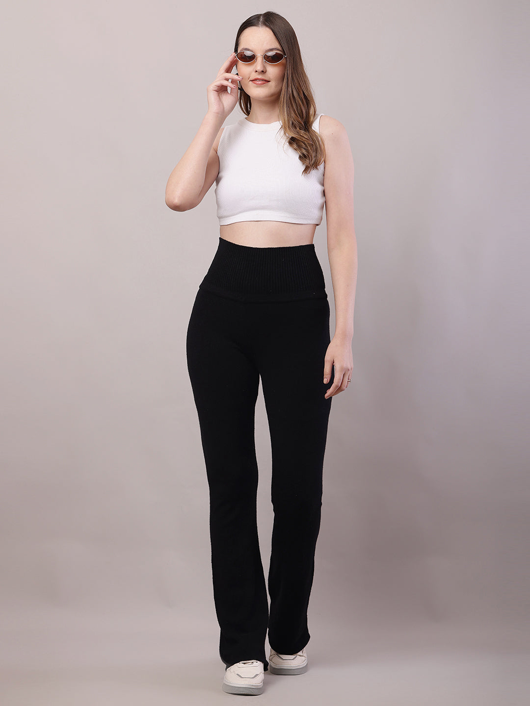 Women Black Cotton High-Waisted Trouser