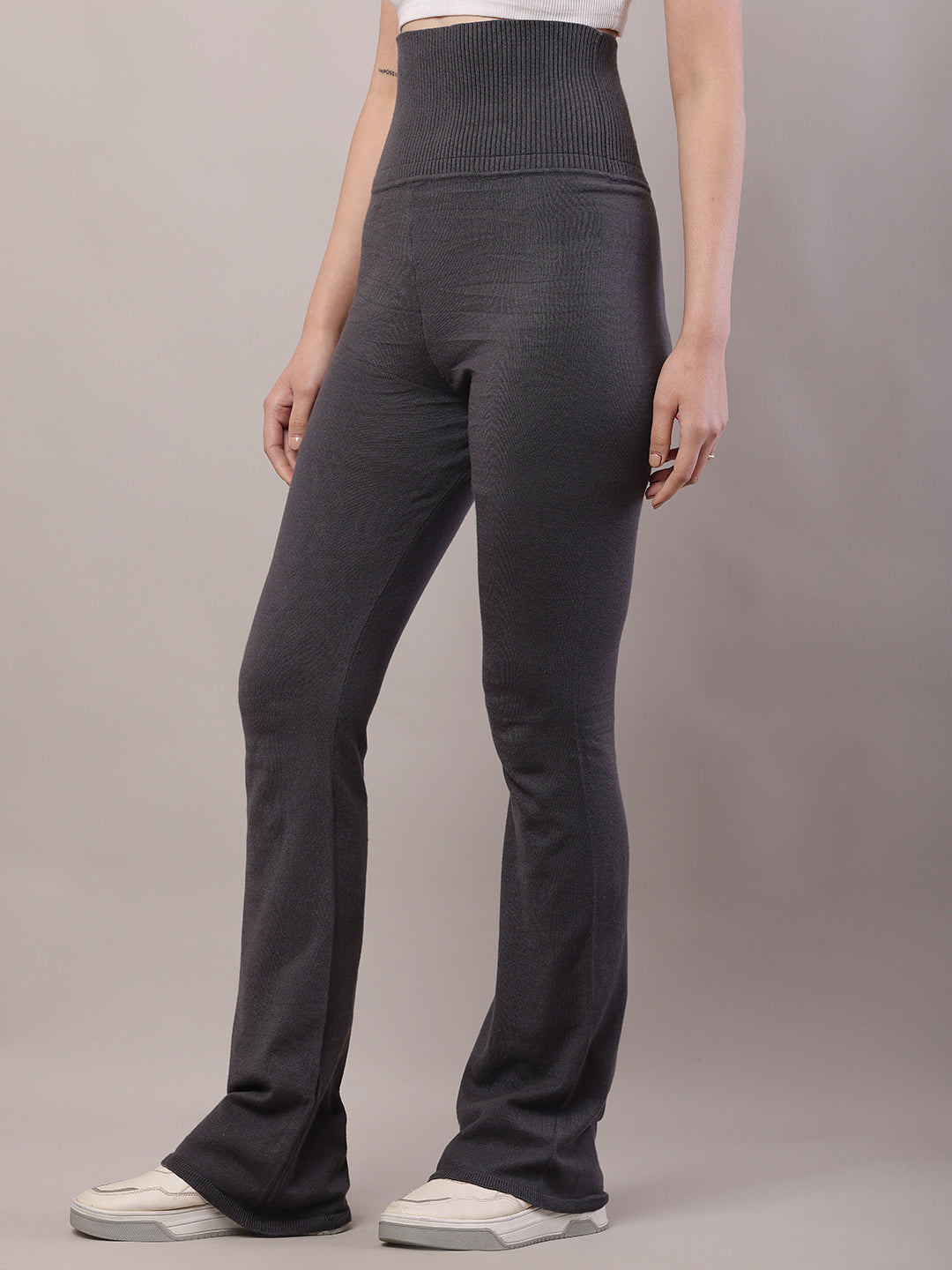 Women Grey Cotton High-Waisted Trouser