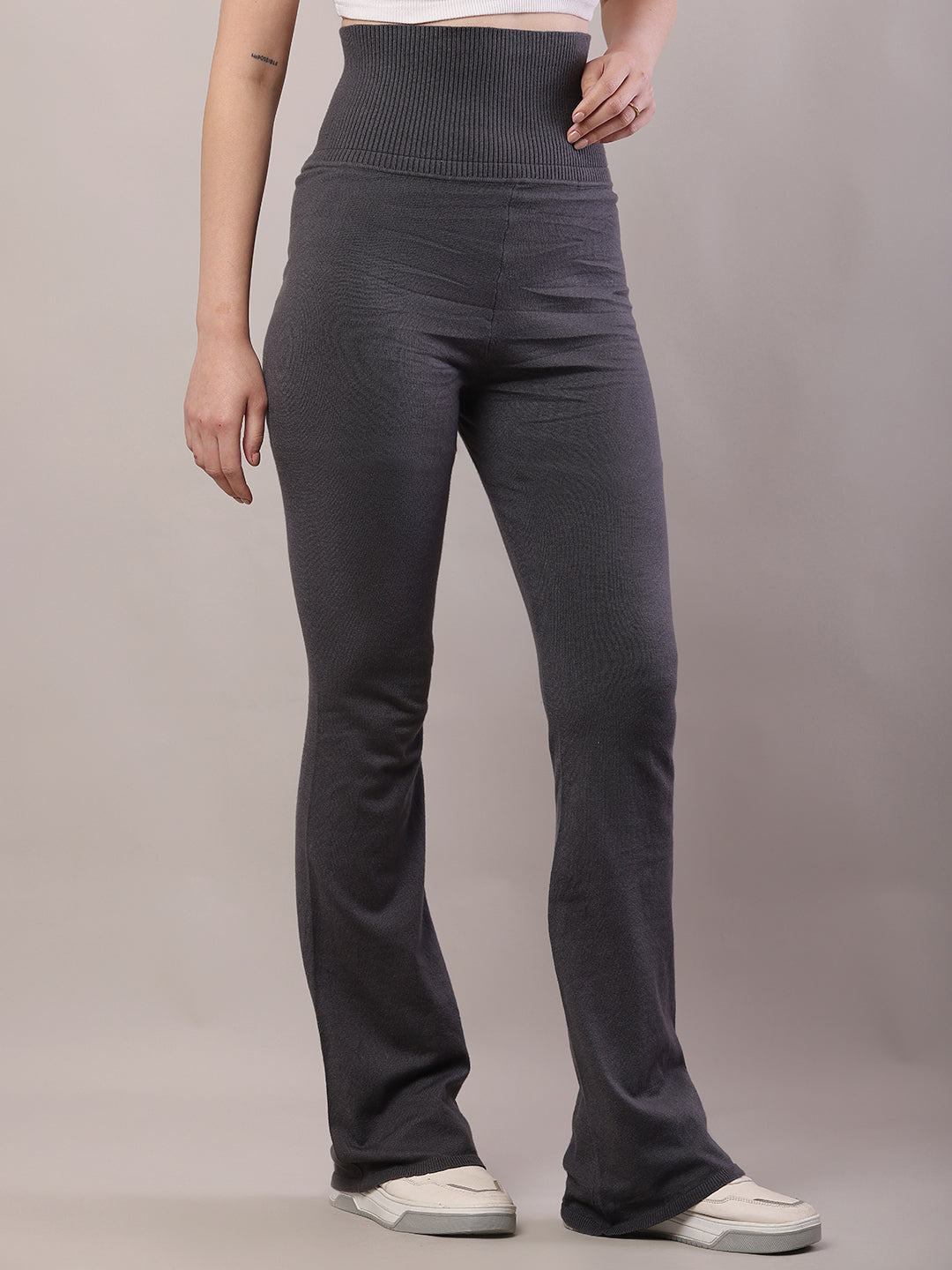 Women Grey Cotton High-Waisted Trouser