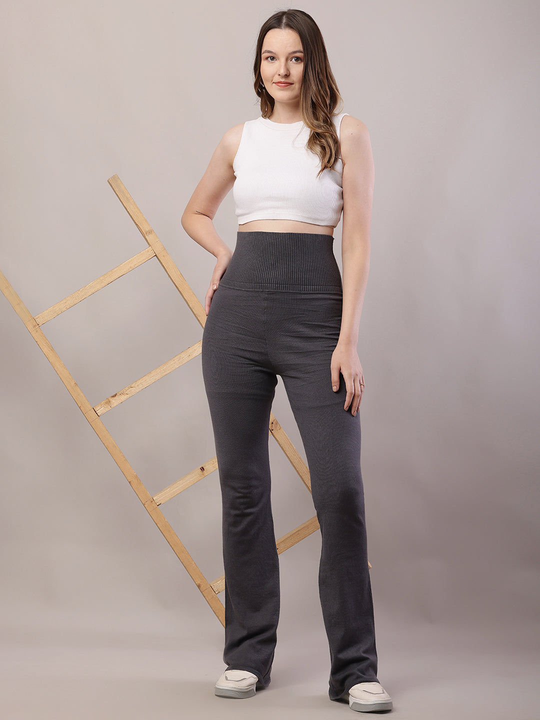 Women Grey Cotton High-Waisted Trouser