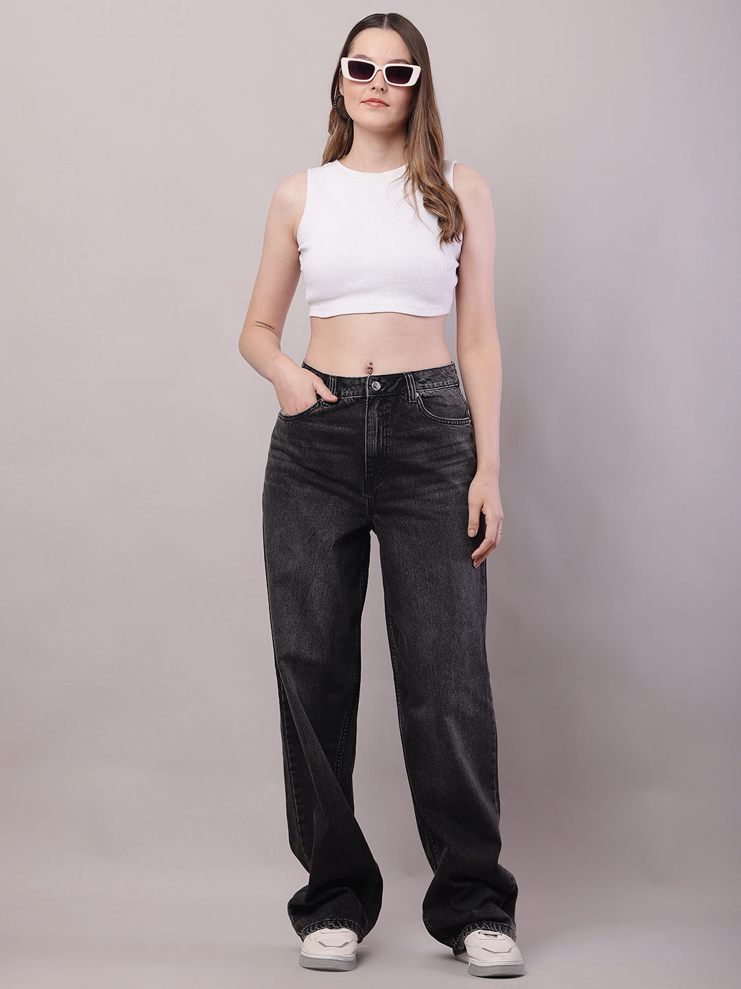 Women Grey Cotton Regular Fit Full-Length Pant