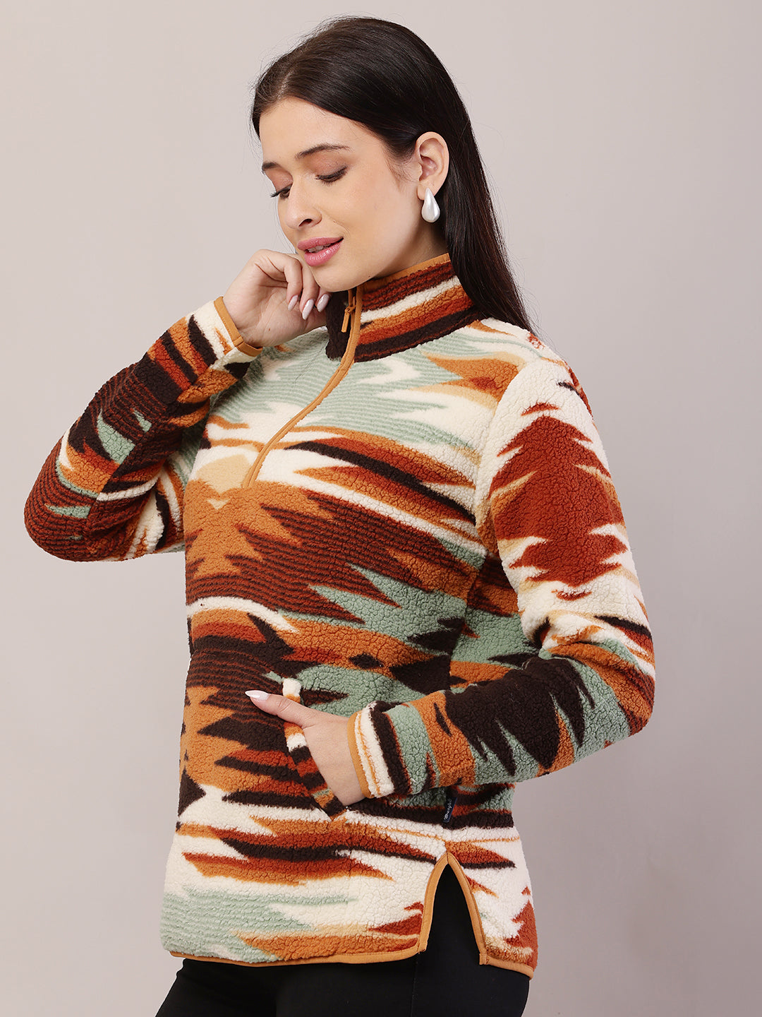 Women High-Neck Ethnic Print Sweatshirt