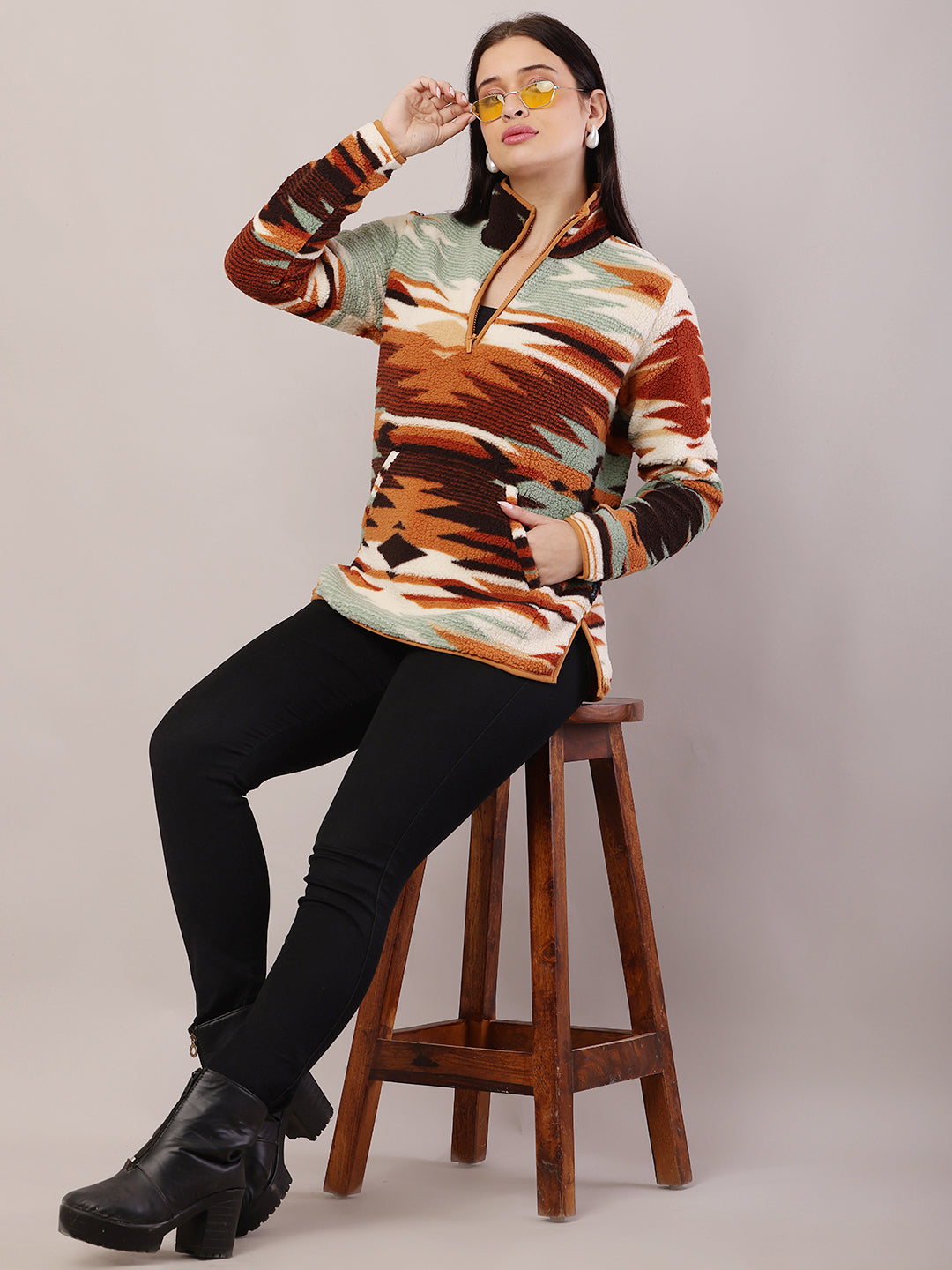 Women High-Neck Ethnic Print Sweatshirt