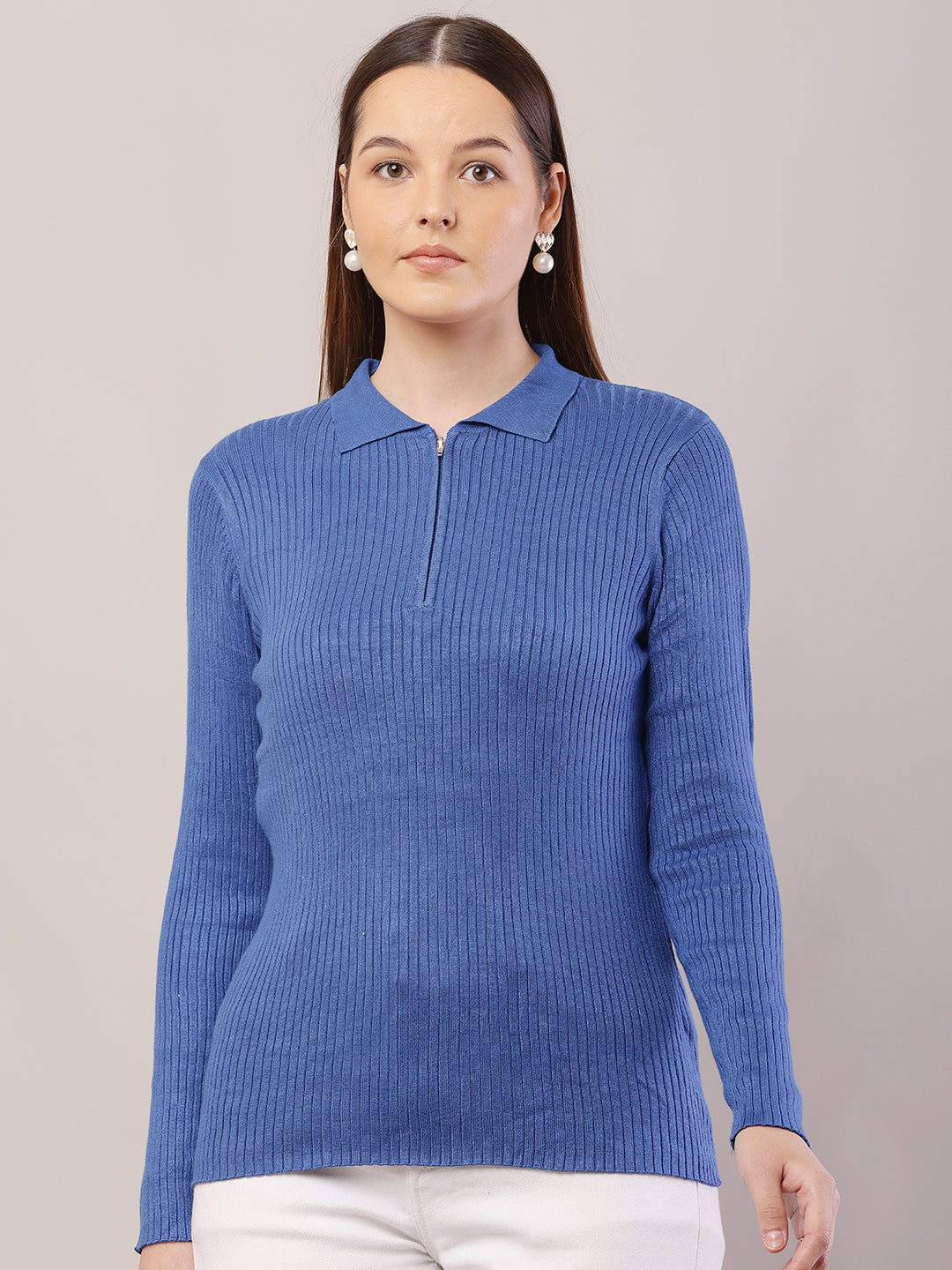 Women  Ribbed Blue Sweater