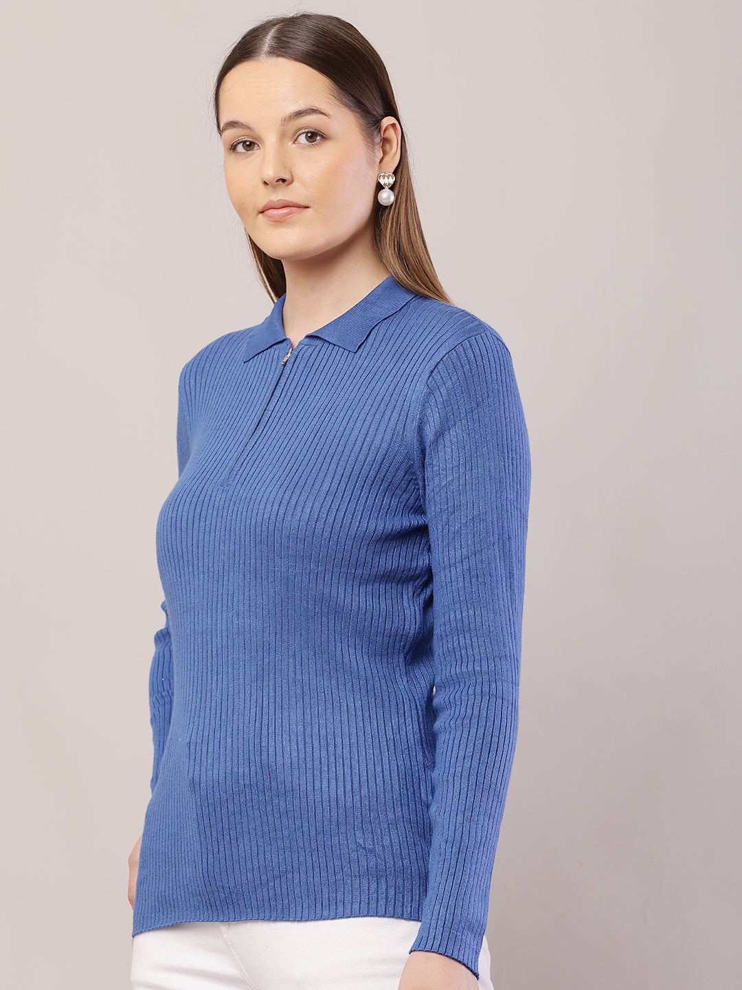 Women  Ribbed Blue Sweater