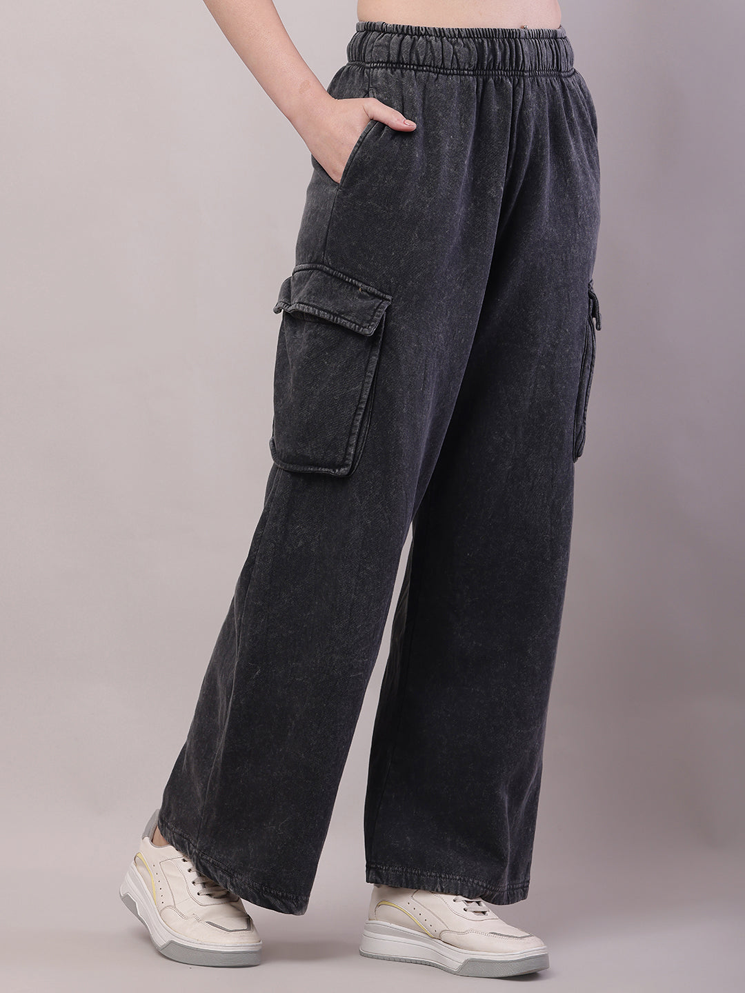 Women Dark Grey Cotton Baggy Cargo Pant