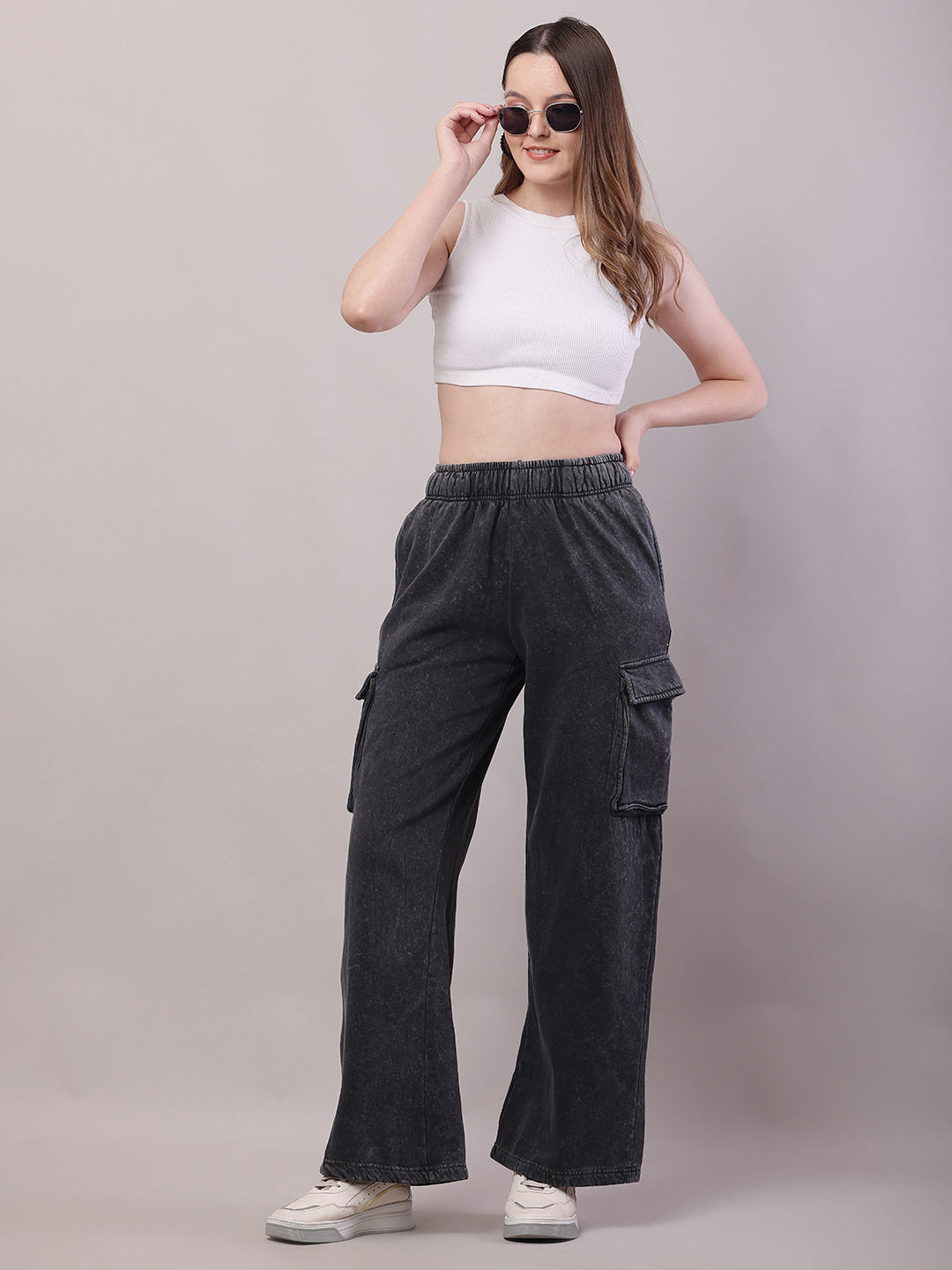 Women Dark Grey Cotton Baggy Cargo Pant