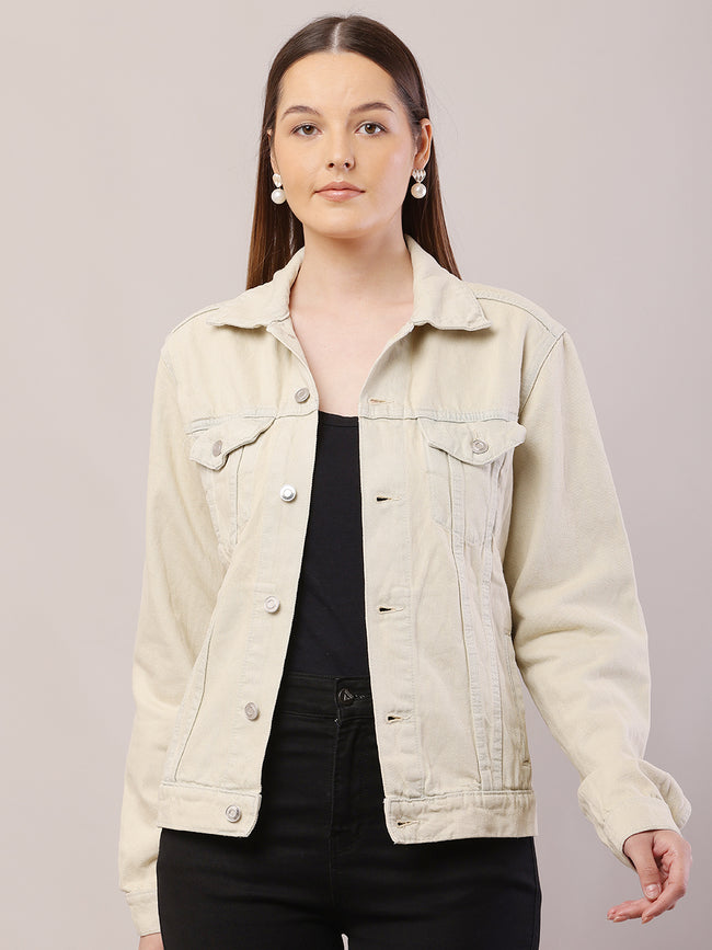 Women Shirt Collar Light Beige Jacket