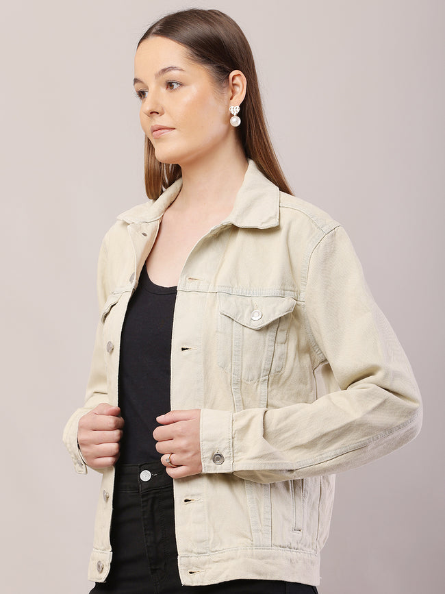 Women Shirt Collar Light Beige Jacket