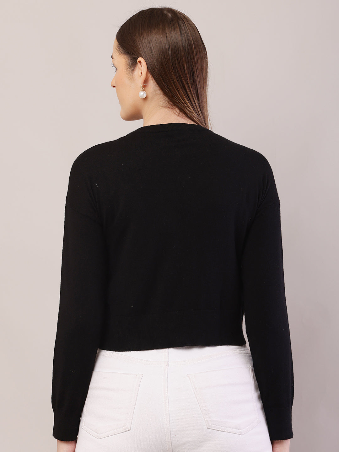 Women black viscose full sleeve round neck crop sweater