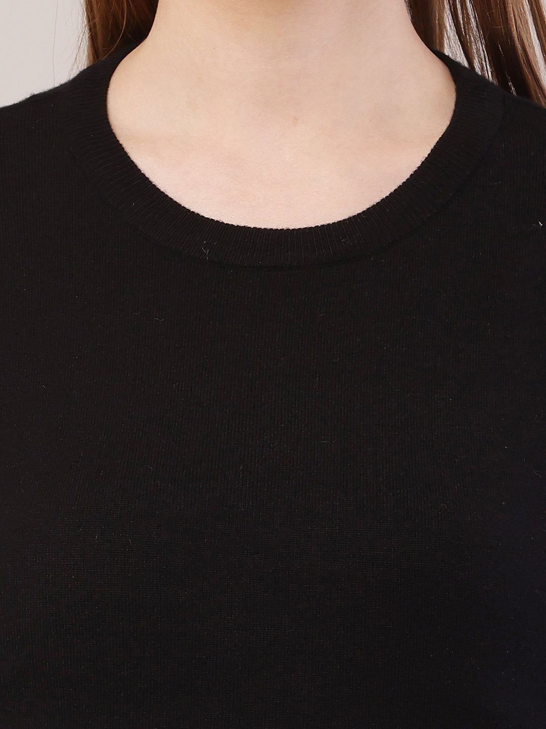 Women black viscose full sleeve round neck crop sweater