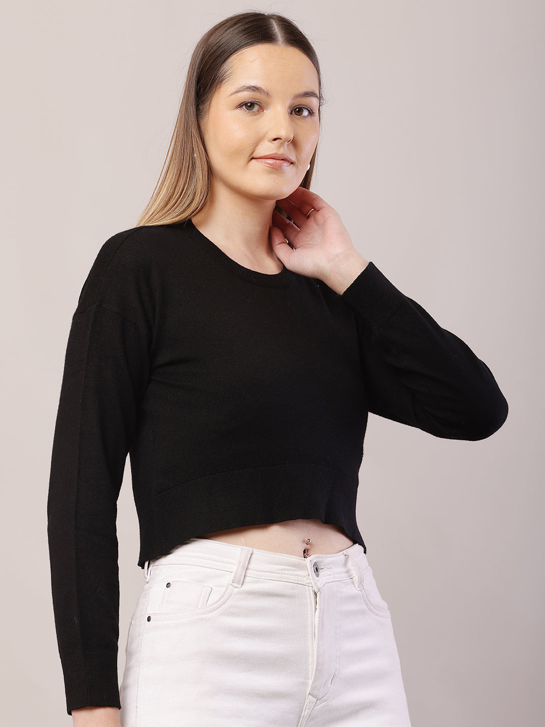 Women black viscose full sleeve round neck crop sweater