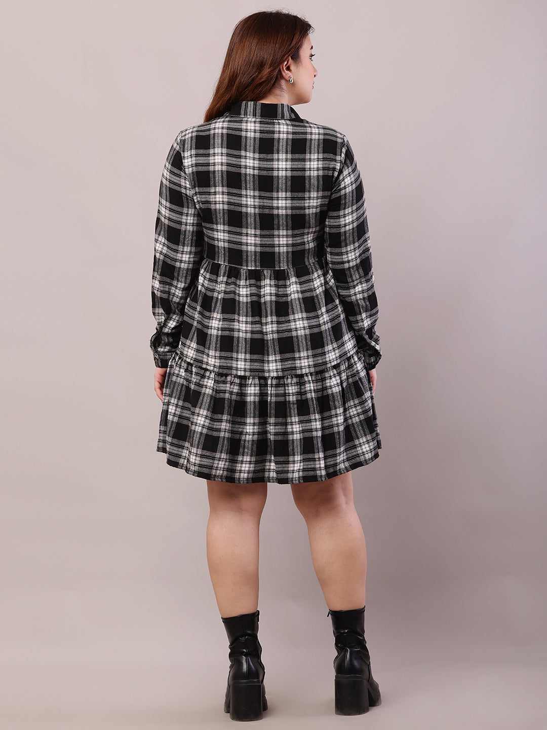 Women Black Polyester Full Sleeve Shirt Collar A-line Dress