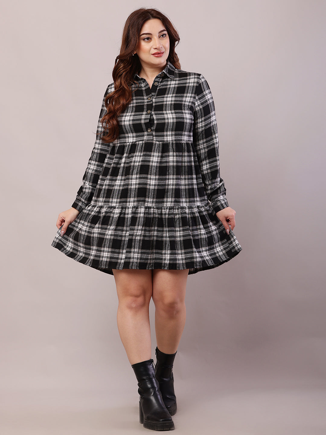 Women Black Polyester Full Sleeve Shirt Collar A-line Dress