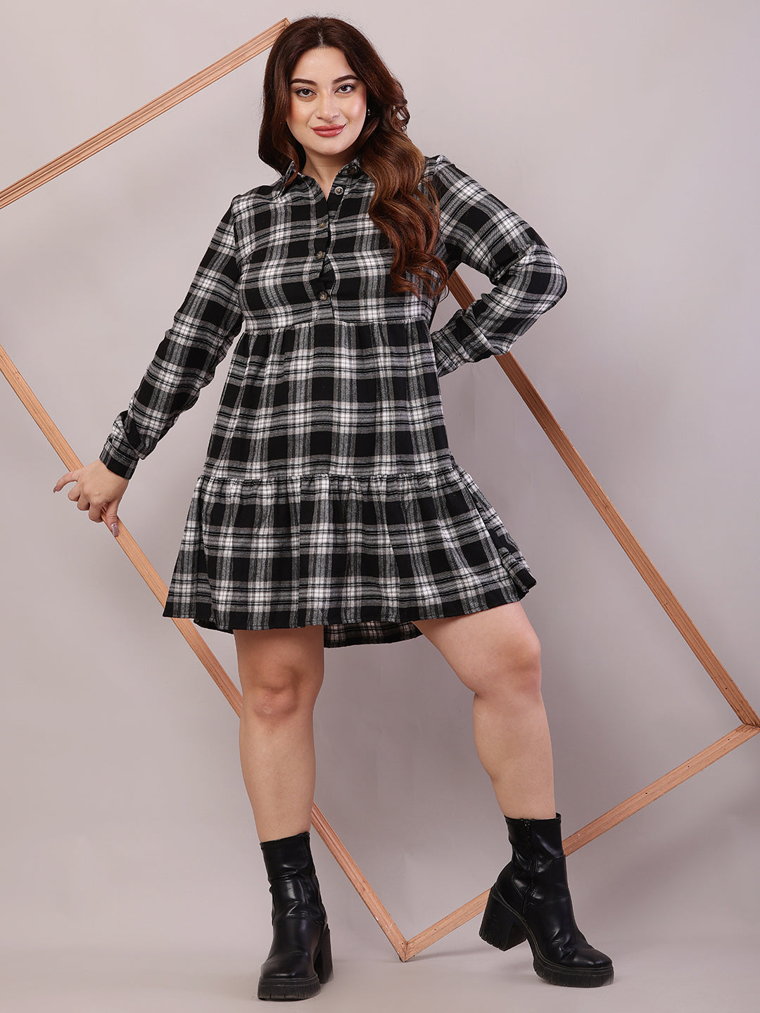 Women Black Polyester Full Sleeve Shirt Collar A-line Dress