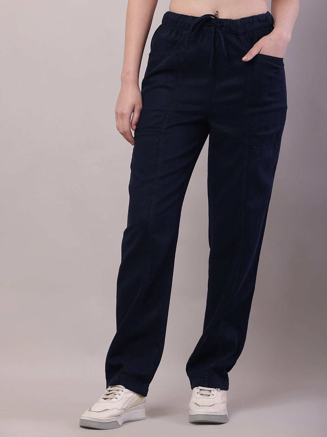 Women Dark Blue Cotton Elastic Trouser