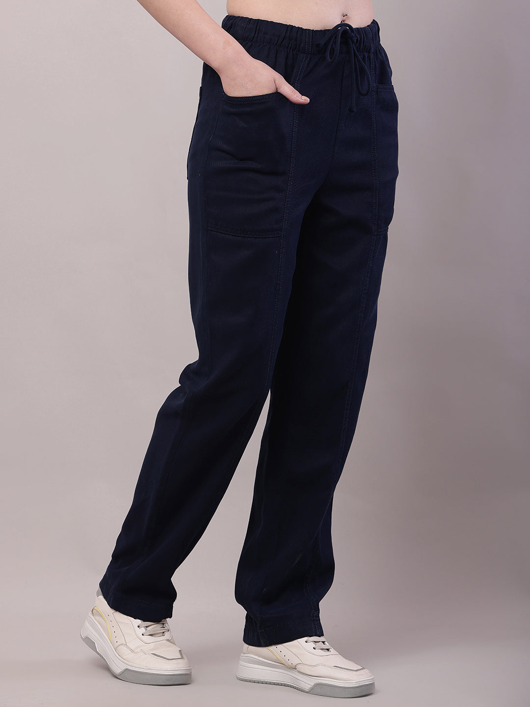 Women Dark Blue Cotton Elastic Trouser