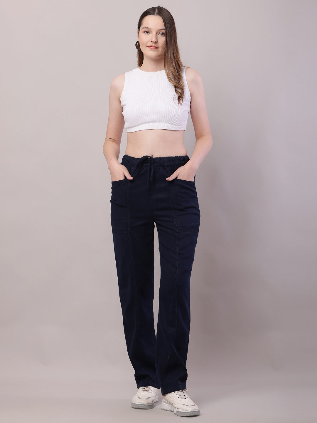 Women Dark Blue Cotton Elastic Trouser