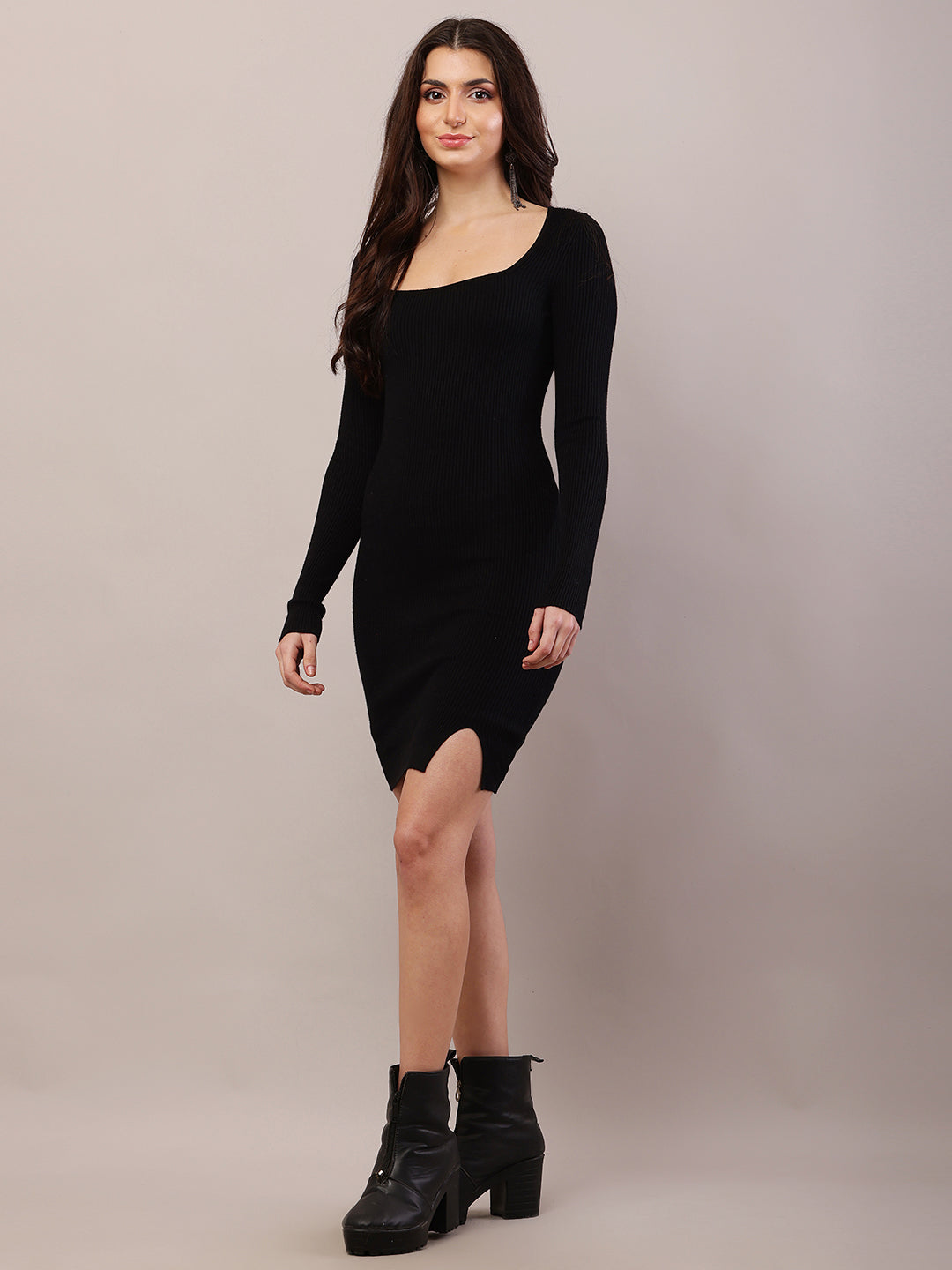 Women black viscose full sleeve bodycon dress