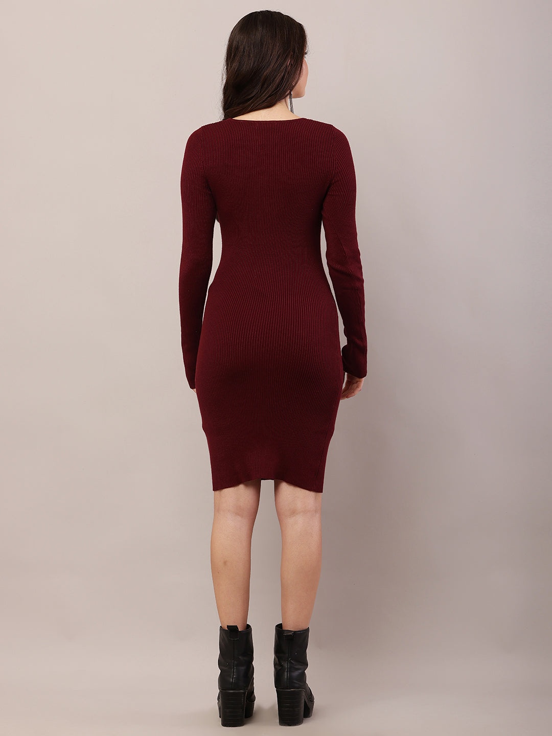 Women maroon viscose full sleeve bodycon dress