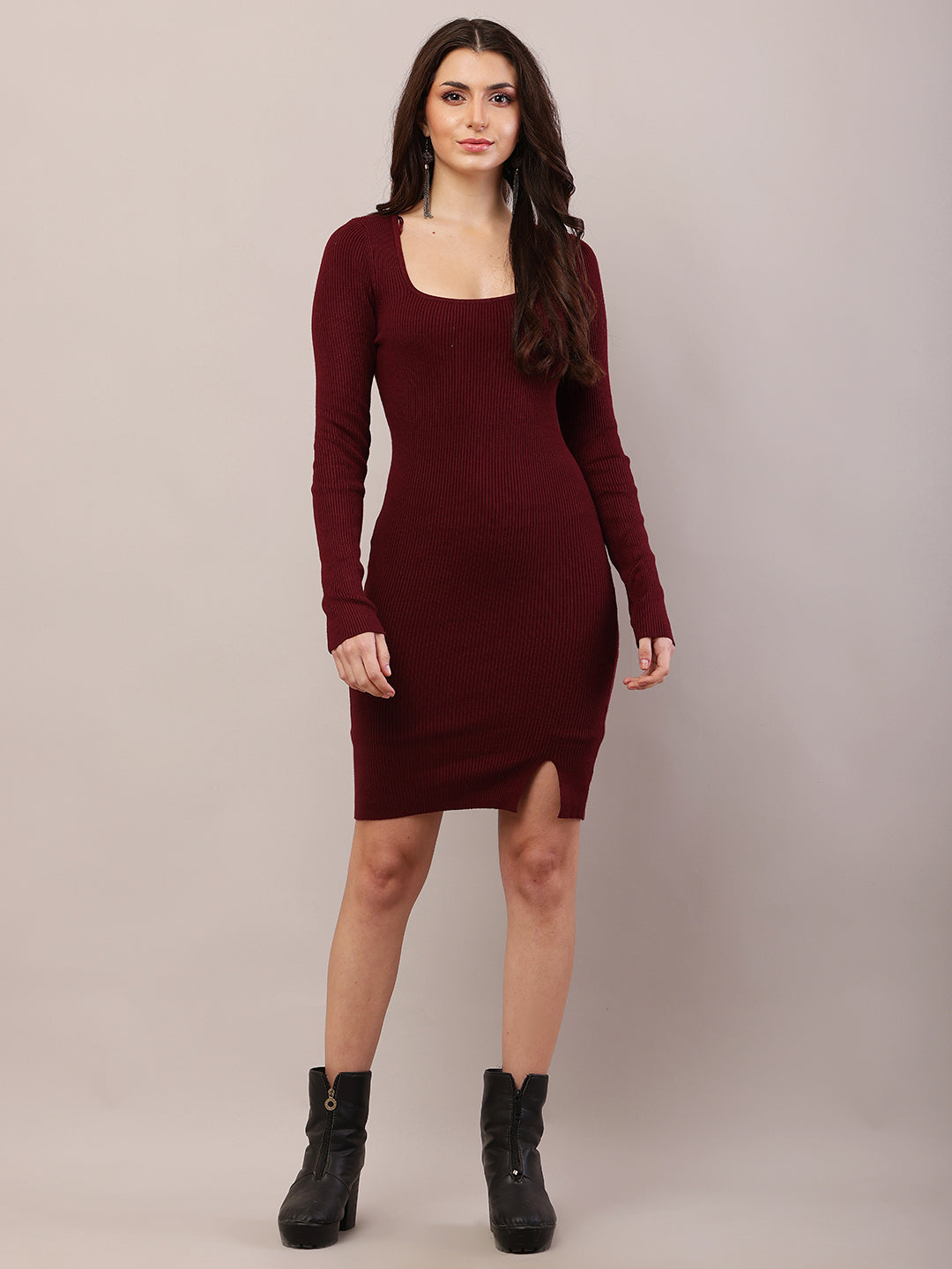 Women maroon viscose full sleeve bodycon dress