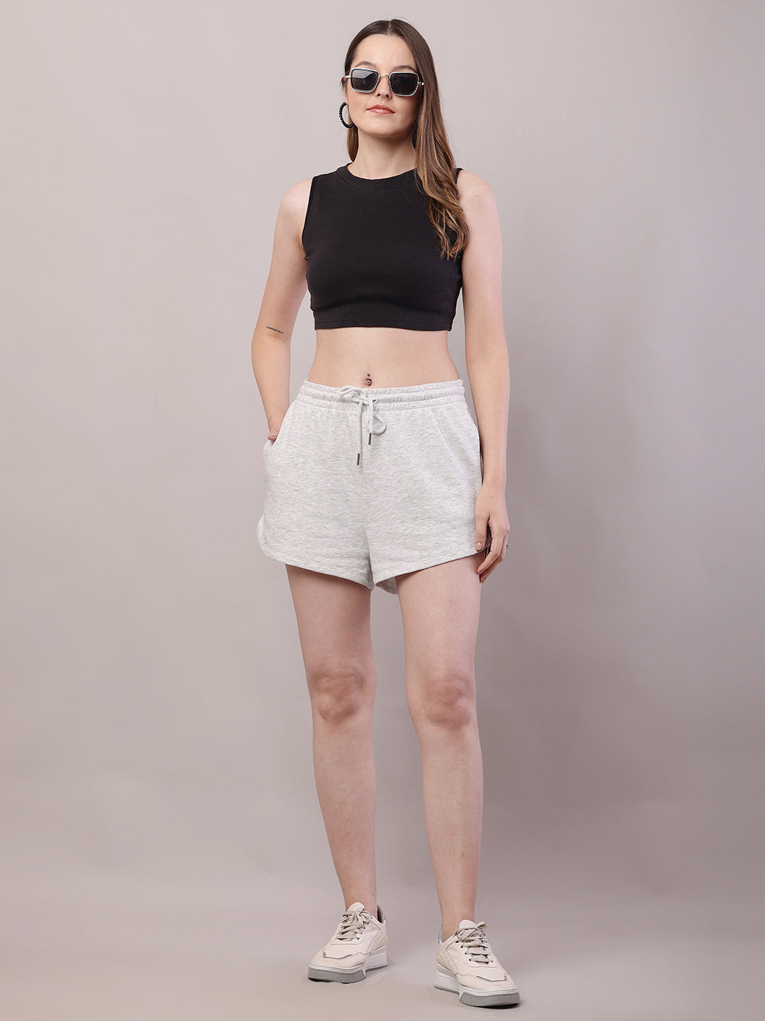 Women grey cotton drawstring waist shorts