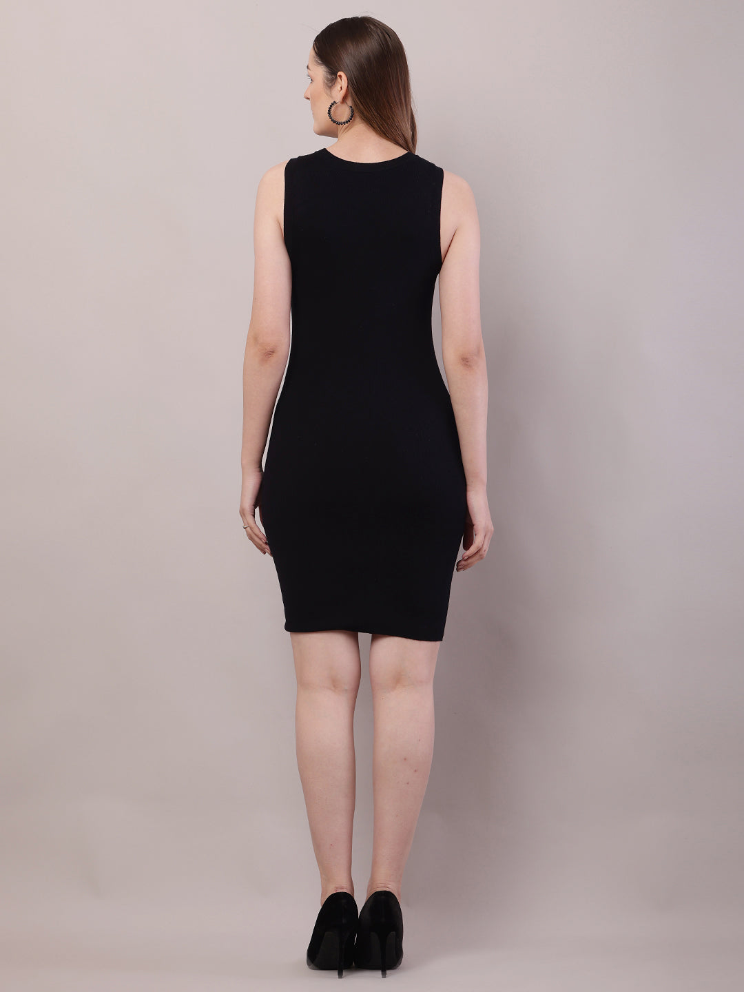 Women Black Viscose Sleeveless Round Neck Bodycon Dress