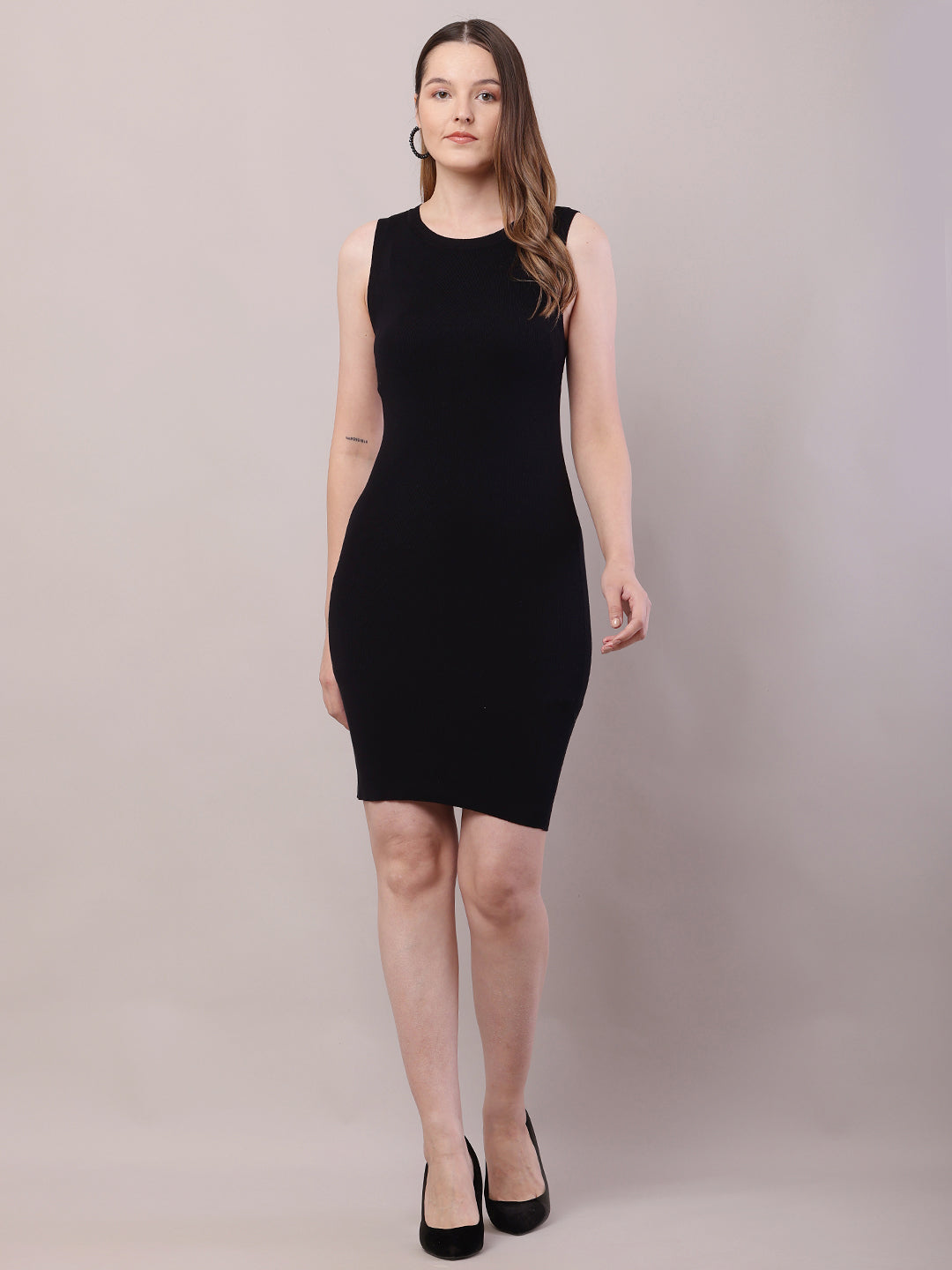 Women Black Viscose Sleeveless Round Neck Bodycon Dress