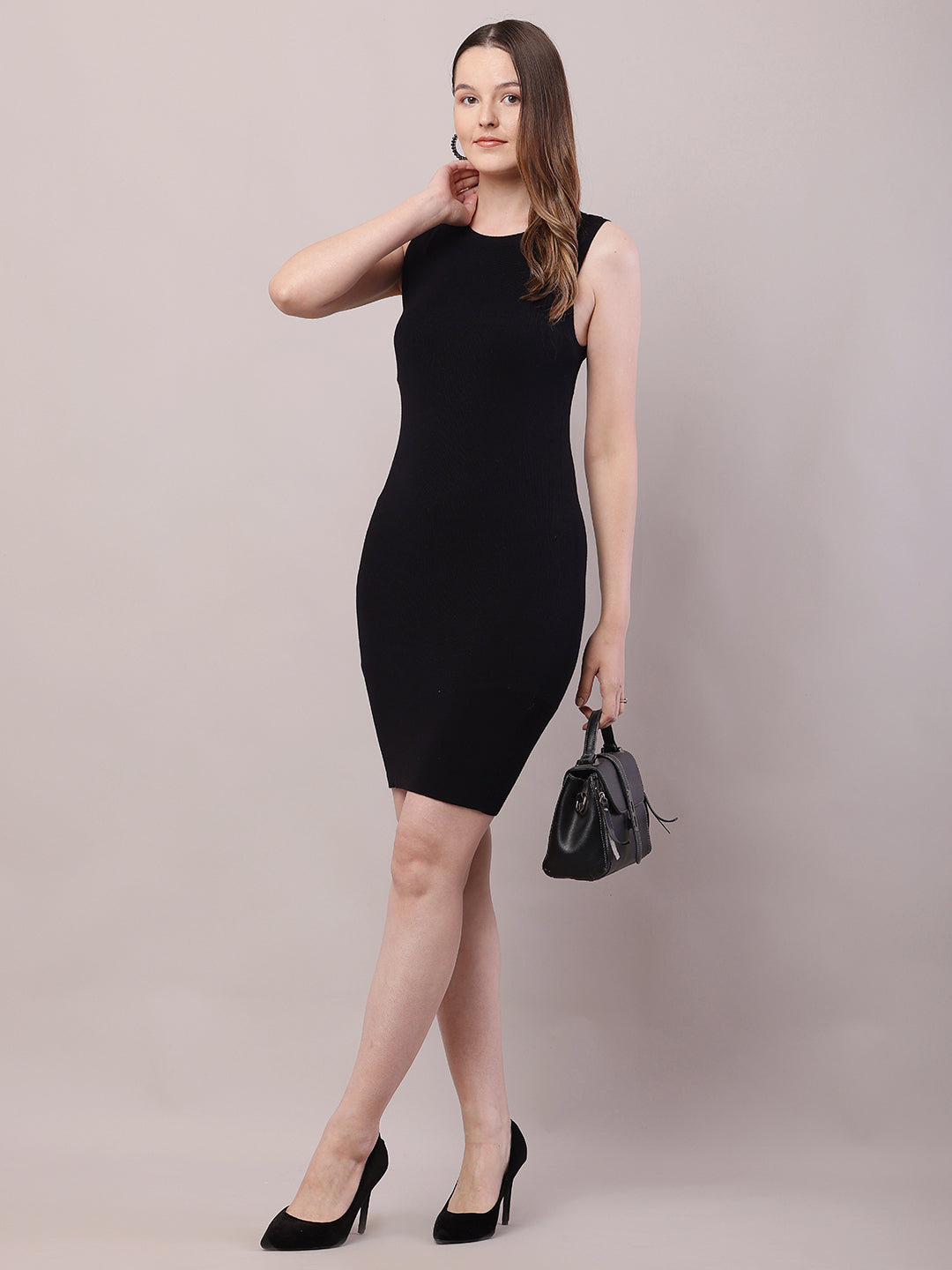 Women Black Viscose Sleeveless Round Neck Bodycon Dress