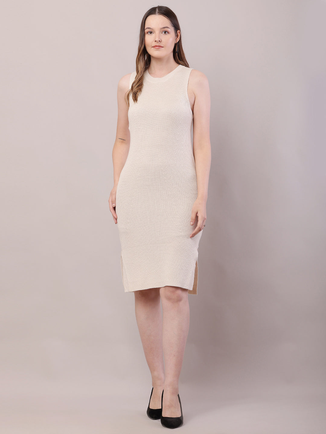 Women Cream Viscose Sleeveless Ribbed Shift Dress