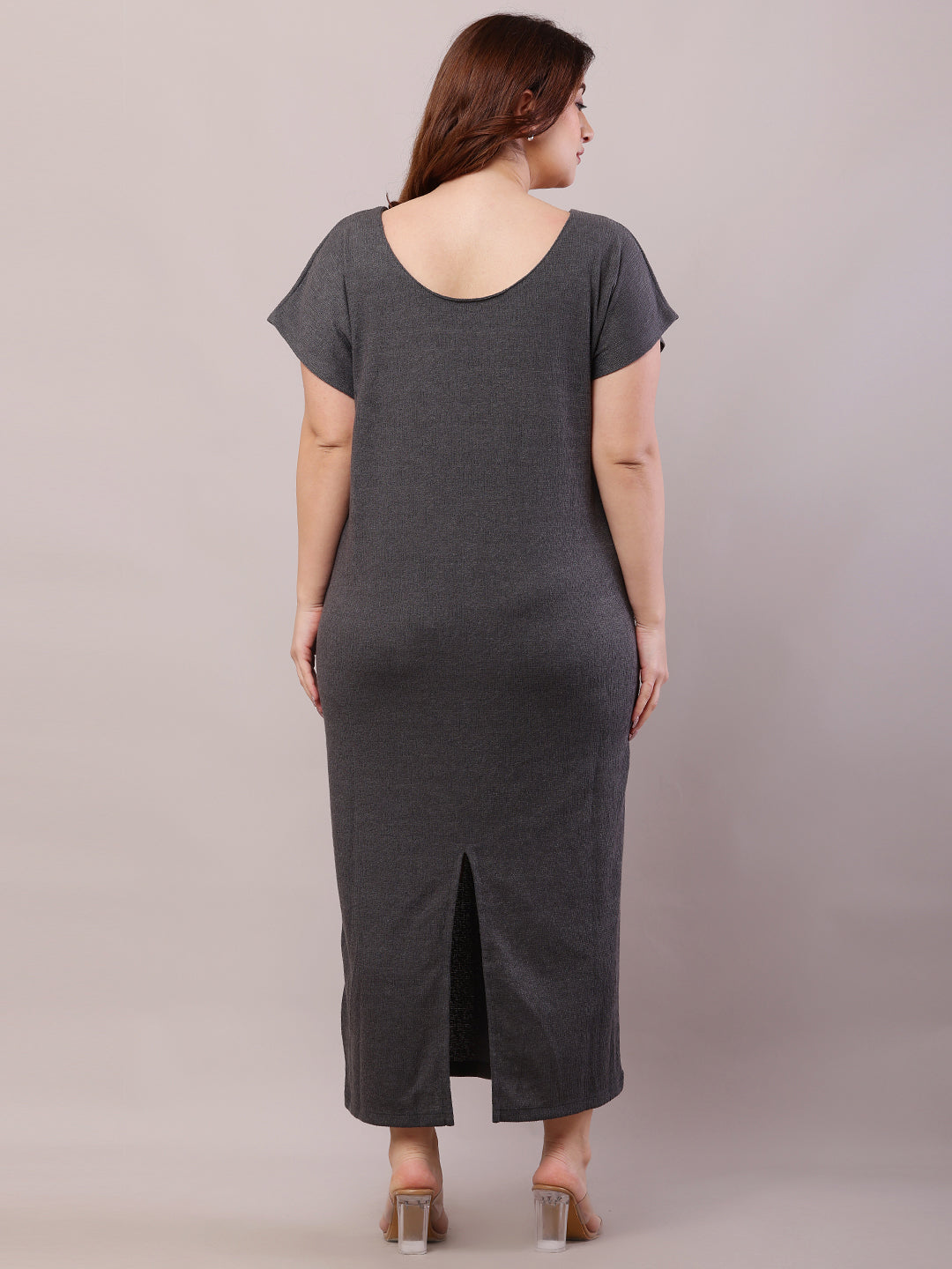 Women Dark Grey Polyester Boat Neck Maxi Dress