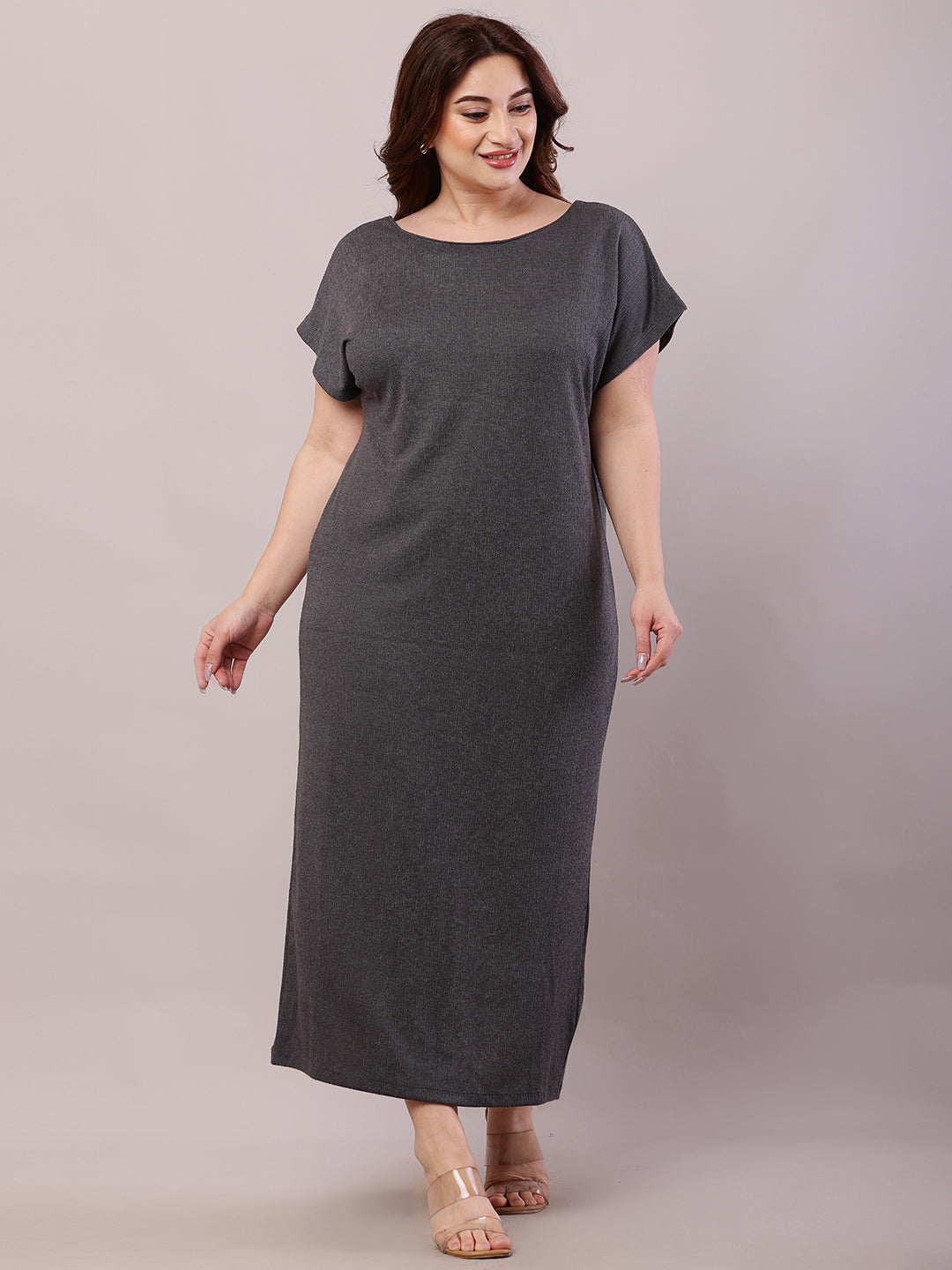 Women Dark Grey Polyester Boat Neck Maxi Dress