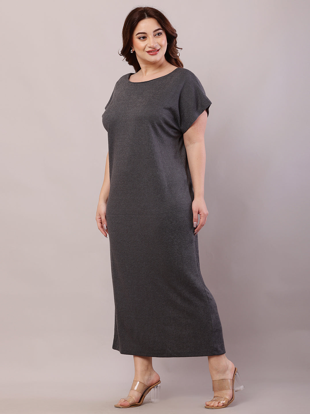 Women Dark Grey Polyester Boat Neck Maxi Dress