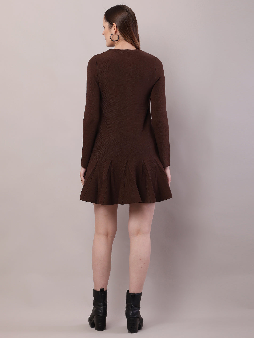 Women Brown Viscose Full Sleeve Round Neck Dress