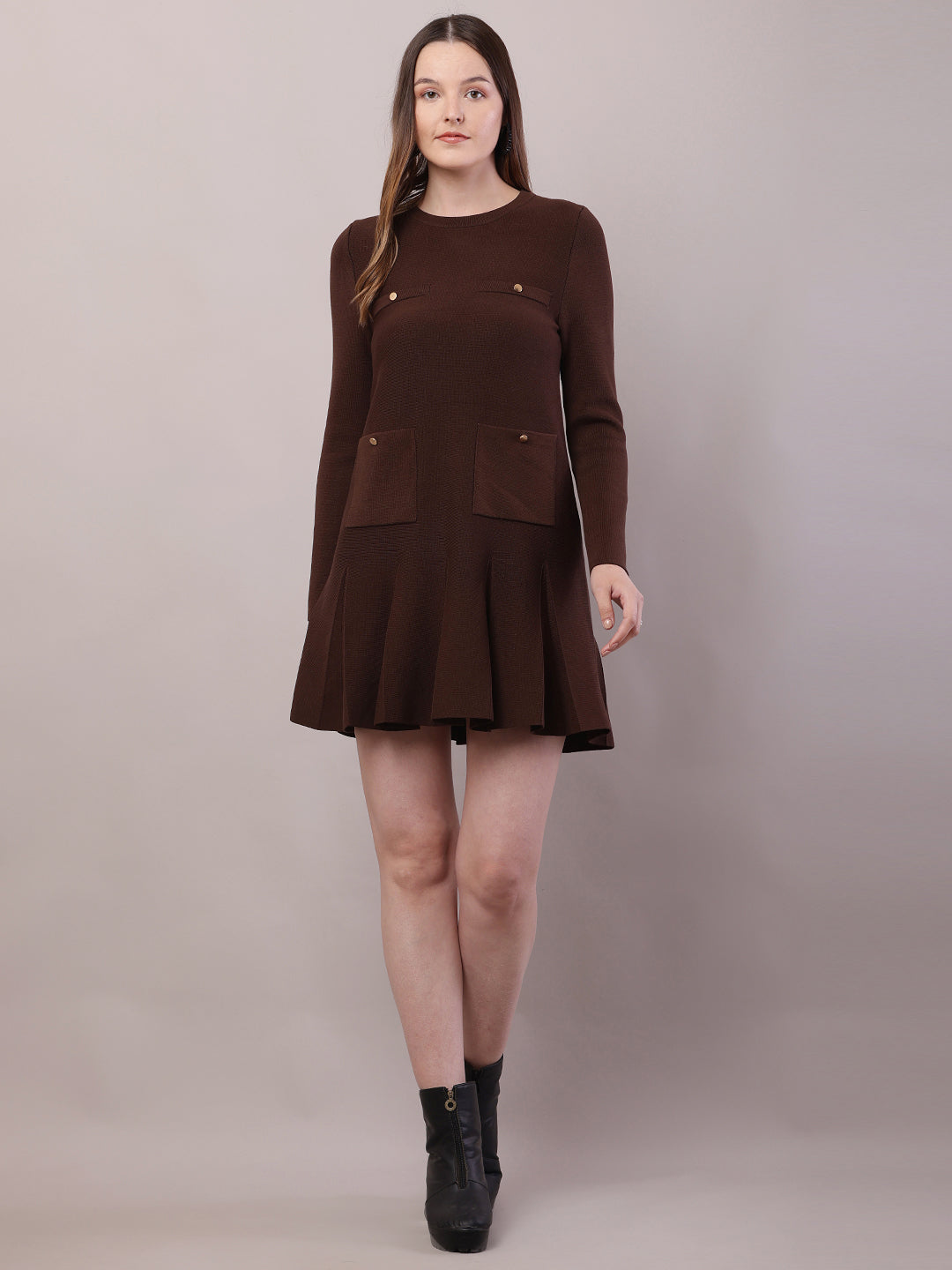 Women Brown Viscose Full Sleeve Round Neck Dress