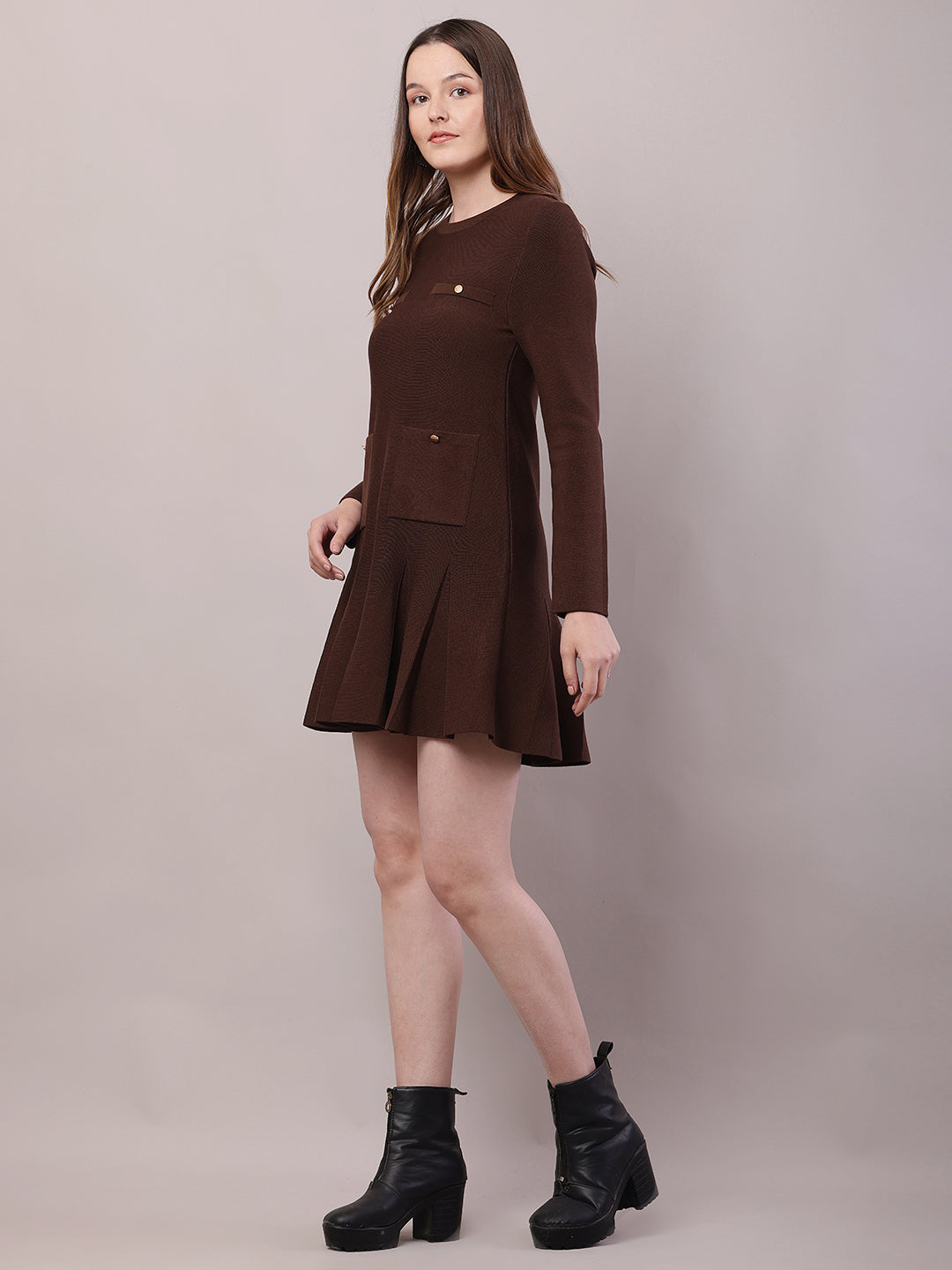 Women Brown Viscose Full Sleeve Round Neck Dress