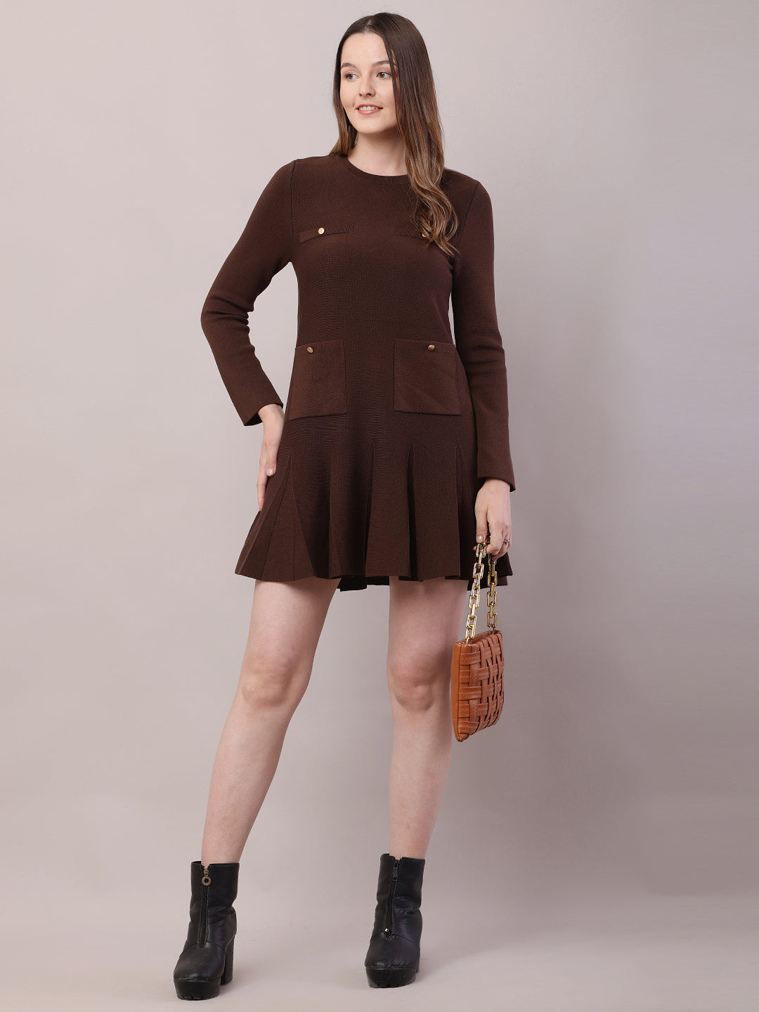 Women Brown Viscose Full Sleeve Round Neck Dress