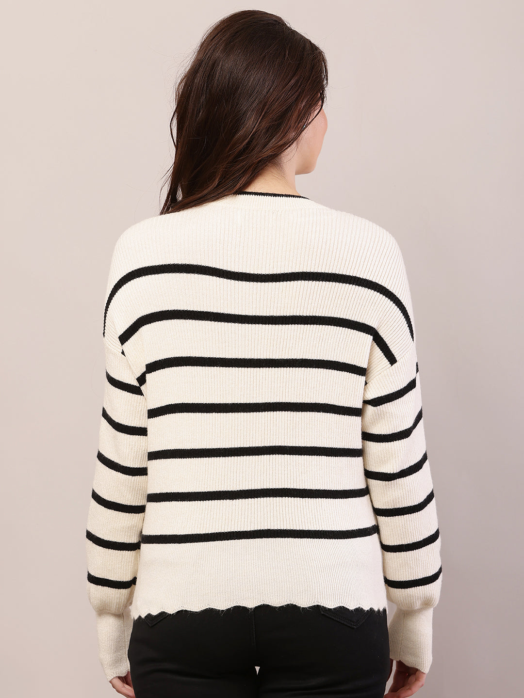 Women black and cream viscose striped sweater