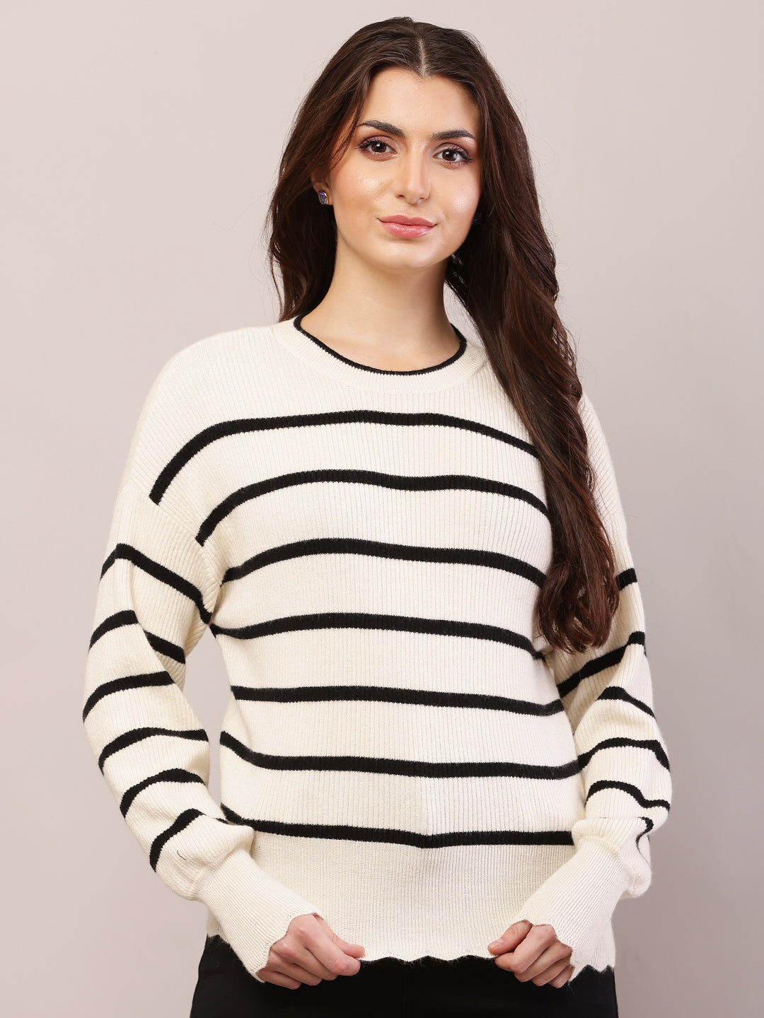 Women black and cream viscose striped sweater