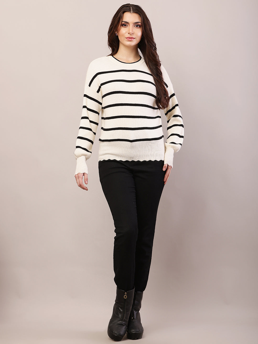 Women black and cream viscose striped sweater