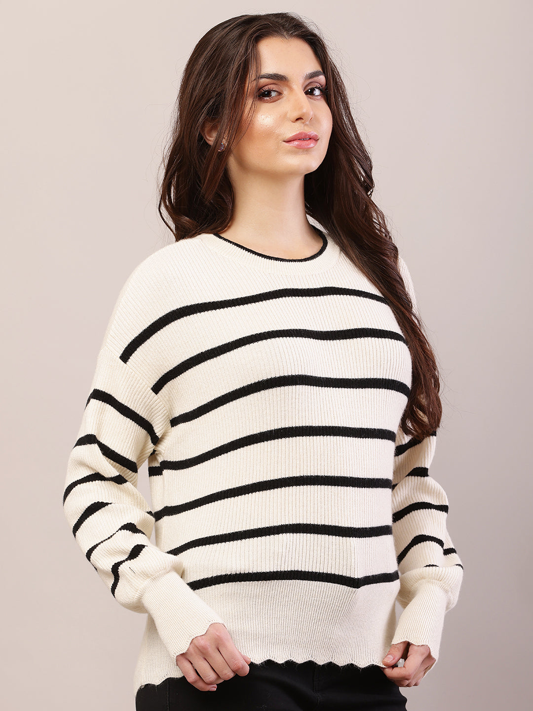 Women black and cream viscose striped sweater