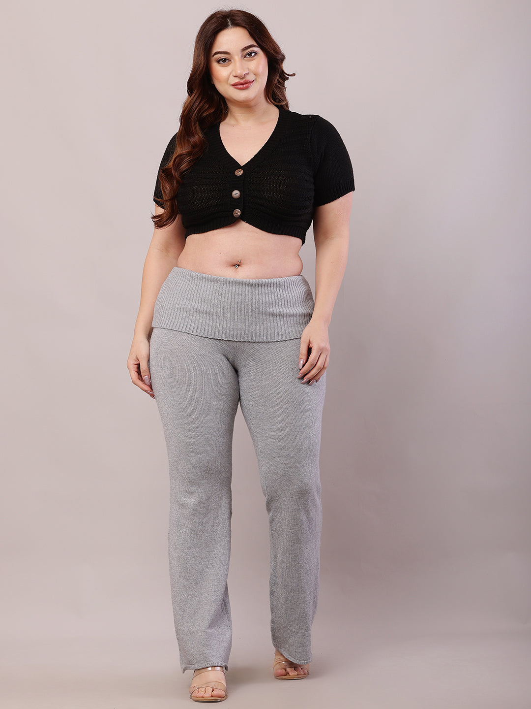 Women Grey Viscose High-Waisted Full-Length Trouser