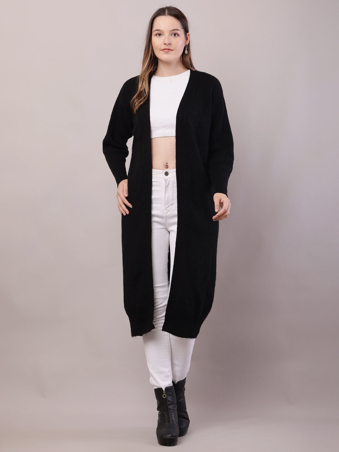 Women Black Viscose Front Open Long-Line Shrug