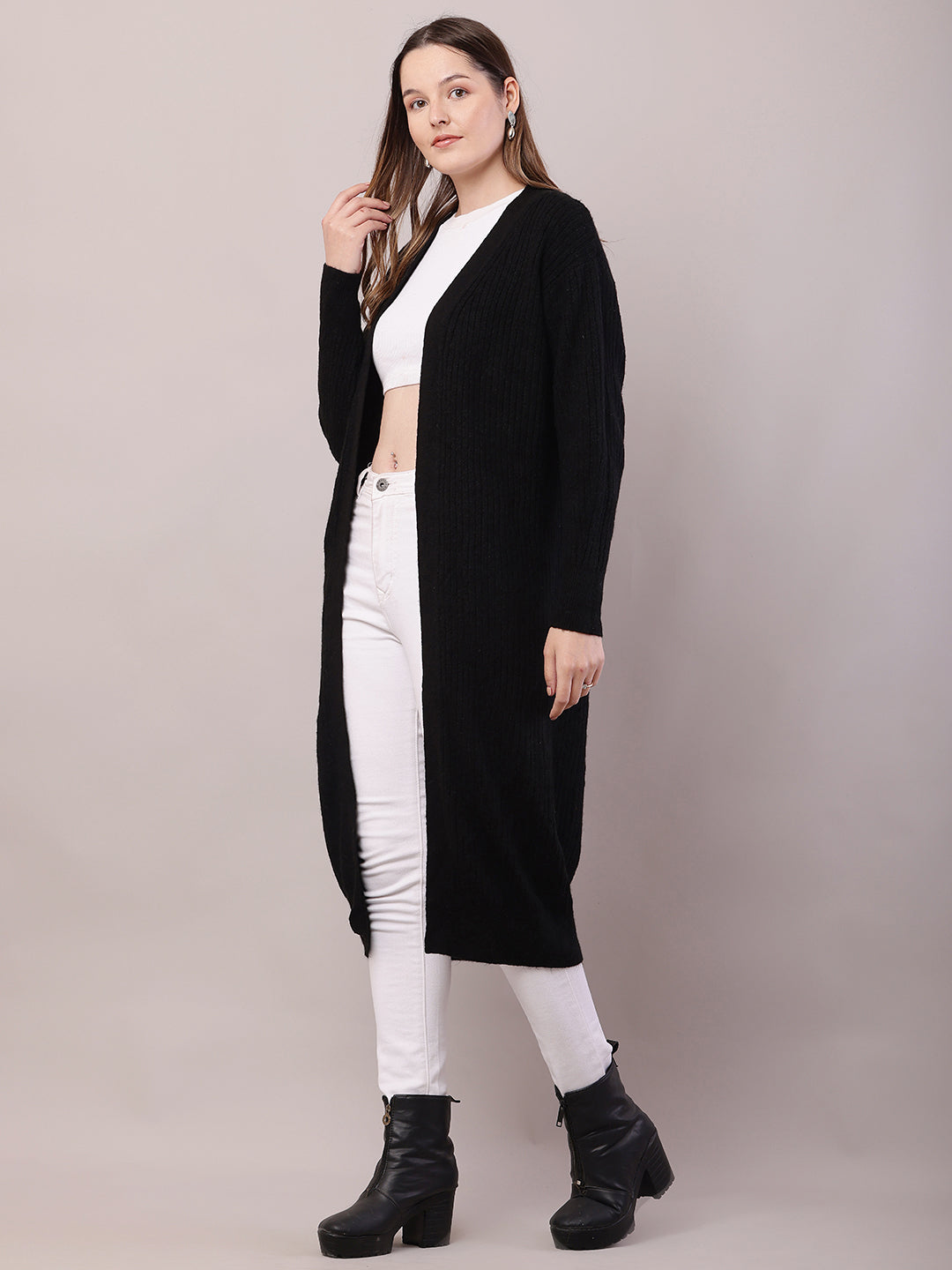 Women Black Viscose Front Open Long-Line Shrug