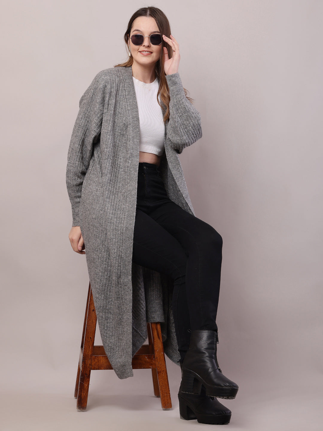 Women Grey Viscose Front Open Long-Line Shrug