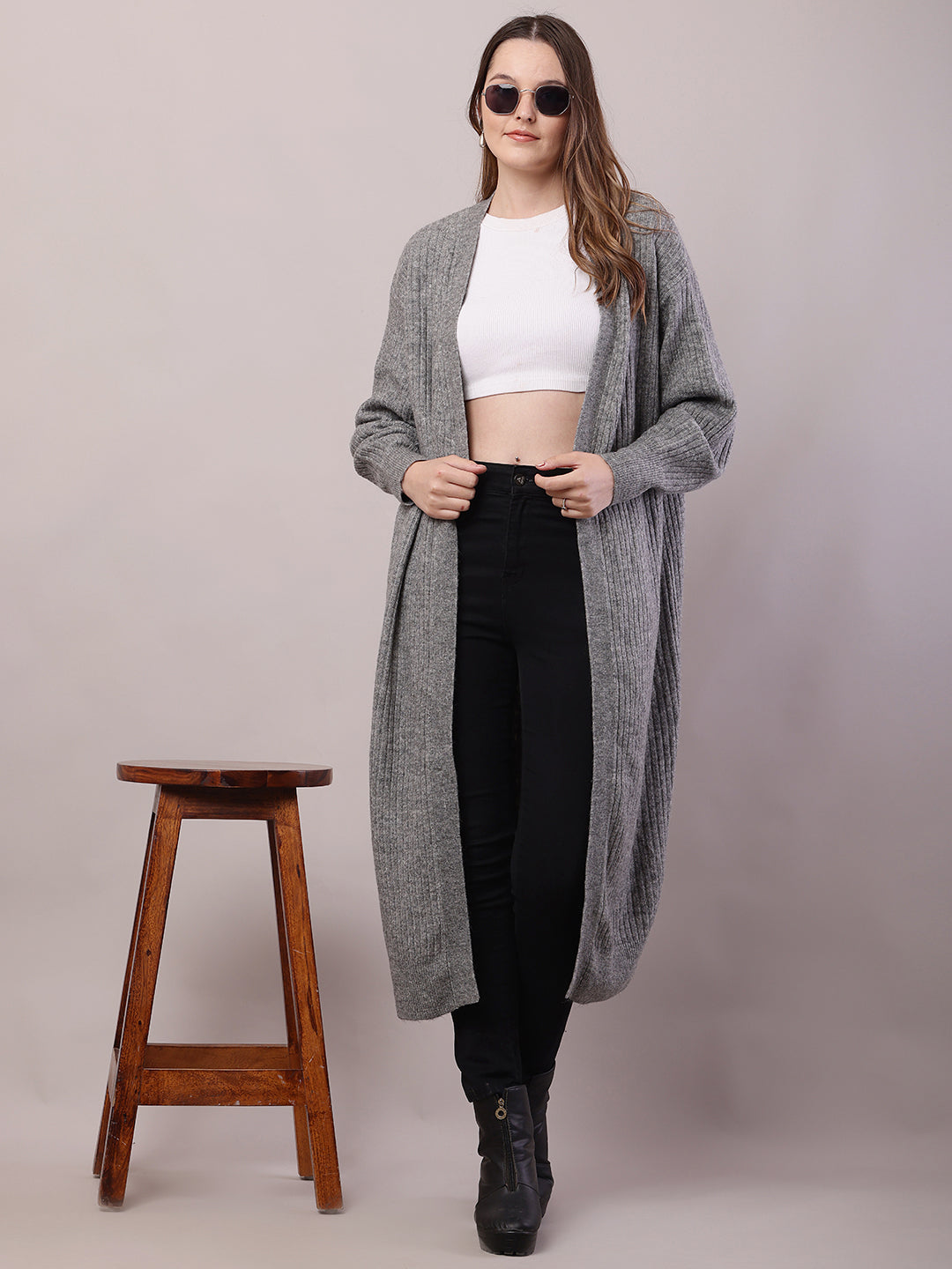 Women Grey Viscose Front Open Long-Line Shrug