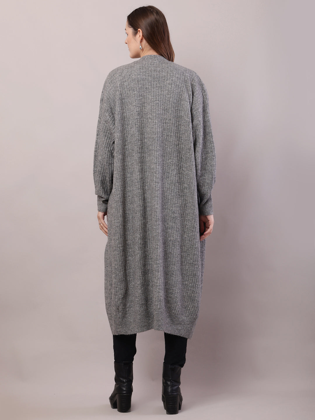 Women Grey Viscose Front Open Long-Line Shrug