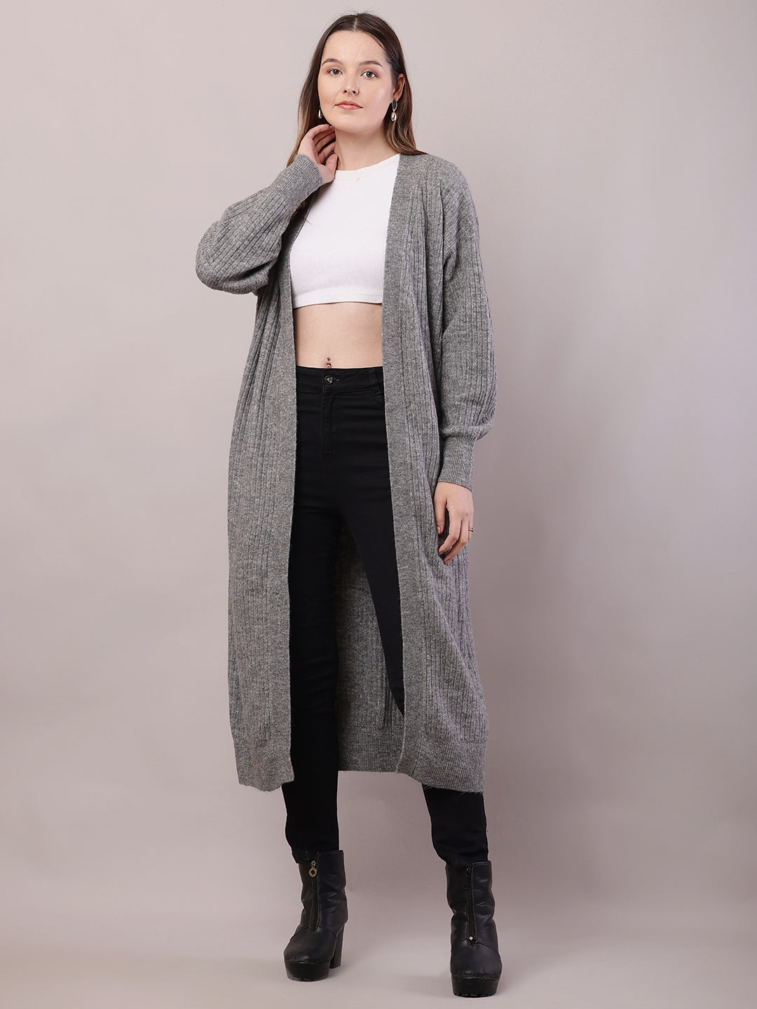 Women Grey Viscose Front Open Long-Line Shrug