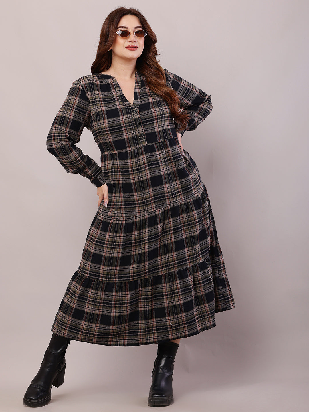 Women Multicolour Cotton Full Sleeve V-Neck Midi Dress