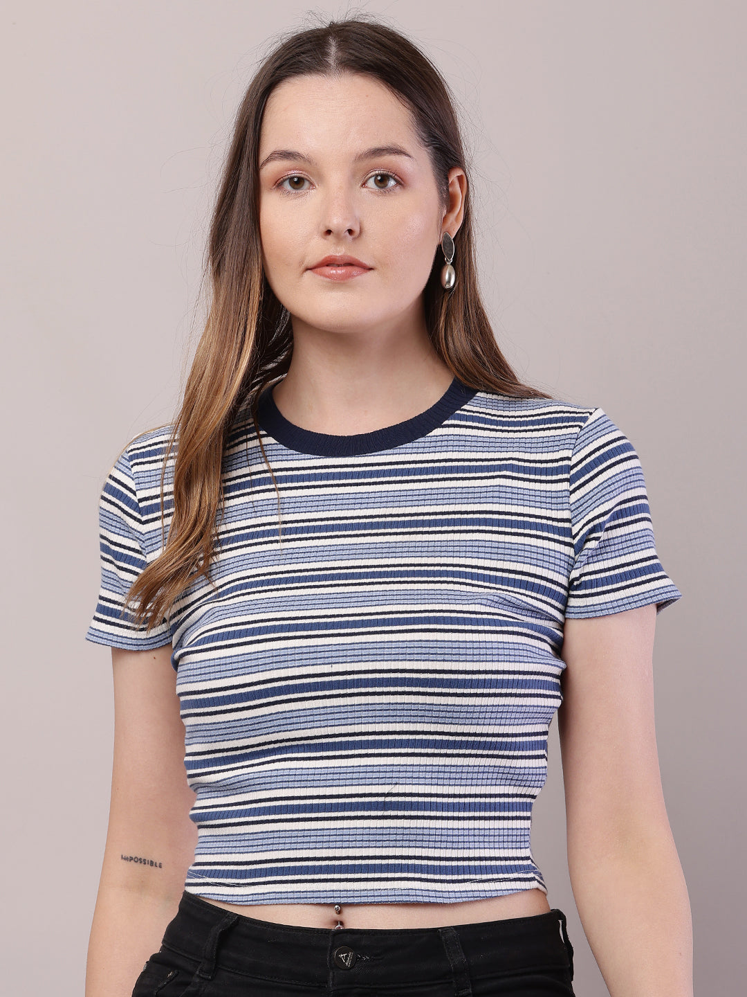 Women Blue-White Cotton Round Neck Stripe Top